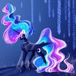 Size: 1000x1000 | Tagged: alicorn, artist:livitoza, blue eyes, chest fluff, derpibooru import, female, flowing mane, horn, jewelry, leaves, multicolored hair, necklace, night, princess luna, safe, solo, sparkles, traditional art, wings