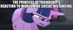 Size: 1920x808 | Tagged: safe, derpibooru import, edit, edited screencap, screencap, twilight sparkle, twilight sparkle (alicorn), alicorn, pony, my little pony: the movie, caption, coronavirus, covid-19, crying, image macro, princess of friendship, social distancing, text