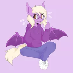 Size: 2000x2000 | Tagged: safe, artist:vert_glamis, derpibooru import, oc, oc:pinkfull night, unofficial characters only, anthro, bat pony, anthro oc, bat pony oc, bat wings, clothes, cute, cute little fangs, ear tufts, fangs, female, glasses, hoodie, image, jeans, looking at you, nervous, pants, pink background, png, shoes, shy, simple background, sitting, slit eyes, slit pupils, smiling, sneakers, solo, spread wings, sweater, teenager, wings