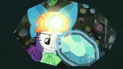 Size: 1920x1080 | Tagged: safe, derpibooru import, screencap, rarity, pony, dragon dropped, female, gem, gem cave, headlamp, helmet, magic, magic aura, mare, mining helmet, solo, telekinesis