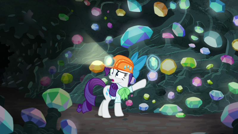 Size: 1920x1080 | Tagged: safe, derpibooru import, screencap, rarity, pony, unicorn, dragon dropped, clothes, female, gem, gem cave, headlamp, helmet, magic, magic aura, mare, mining helmet, raised hoof, solo, telekinesis