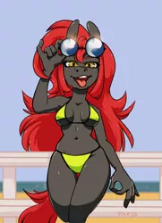 Size: 871x1200 | Tagged: source needed, useless source url, suggestive, artist:pixxpal, derpibooru import, oc, oc:jessi-ka, anthro, armpits, beach, breasts, clothes, looking at you, solo, sunglasses, swimsuit, tongue out