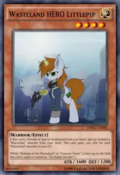 Size: 715x1037 | Tagged: safe, derpibooru import, edit, oc, oc:littlepip, pony, unicorn, fallout equestria, fanfic, card, card game, ccg, clothes, fanfic art, female, glowing horn, gun, handgun, hooves, horn, levitation, little macintosh, magic, mare, optical sight, pipbuck, reloading, revolver, ruins, scope, solo, telekinesis, trading card, trading card edit, vault suit, weapon, yu-gi-oh!, yugioh card