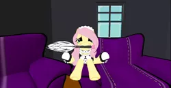 Size: 1488x768 | Tagged: safe, artist:melimoo2000, derpibooru import, fluttershy, pegasus, pony, 3d, alternate hairstyle, blushing, clothes, collar, couch, duster, female, fluttermaid, heels on a horse, lace, lifted leg, looking at you, maid, maid headdress, mare, mouth hold, raised hoof, second life, sitting, solo, window