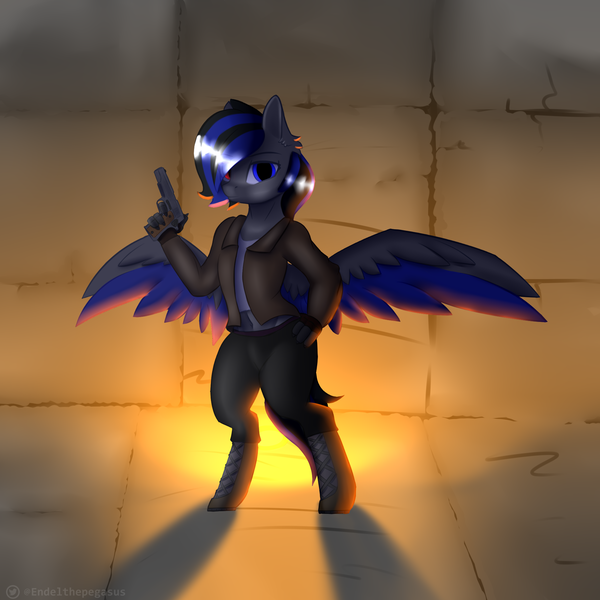 Size: 2000x2000 | Tagged: artist:endelthepegasus, clothes, derpibooru import, female, hippogriff, hippogriff oc, hybrid, jacket, oc, safe, solo, spread wings, unofficial characters only, weapon, wings