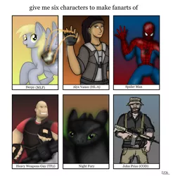 Size: 1829x1856 | Tagged: safe, artist:99999999000, derpibooru import, derpy hooves, dragon, human, pegasus, pony, six fanarts, alyx vance, ar15, call of duty, captain price, gun, half-life, half-life 2, half-life: alyx, heavy weapons guy, how to train your dragon, m4a1, marvel, spider-man, team fortress 2, toothless the dragon, weapon