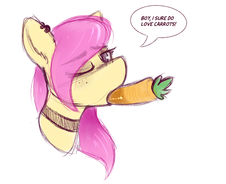 Size: 2893x2356 | Tagged: artist:anon_1515, carrot, choker, chokershy, derpibooru import, dialogue, drool, ear piercing, eyebrows, eyeshadow, female, fluttershy, food, freckles, implied blowjob, implied oral, implied sex, looking at you, makeup, one eye closed, open mouth, piercing, questionable, raised eyebrow, sketch, speech bubble, sucking, suggestive eating