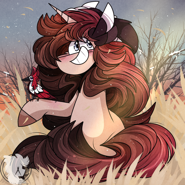 Size: 2200x2200 | Tagged: safe, artist:jxst-starly, derpibooru import, oc, oc:lillie belle, unofficial characters only, bird, unicorn, beanie hat, bird companion, field, flowy mane, grass, grass field, horn, leaves, snow, snowfall, sun rays, sunset, todd the bird, tree, tree branch, unicorn oc, winter, winter setting