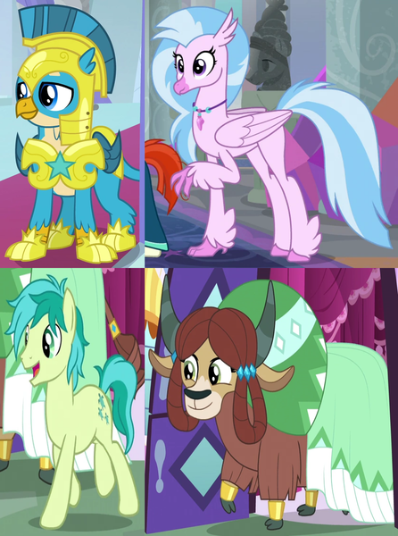 Size: 1210x1626 | Tagged: safe, derpibooru import, screencap, gallus, sandbar, silverstream, yona, classical hippogriff, gryphon, hippogriff, pony, yak, the last problem, cropped, female, gallstream, male, off screen character, older, older gallus, older sandbar, older silverstream, older yona, royal guard gallus, shipping, straight, wrong aspect ratio, yonabar