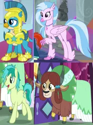 Size: 1210x1626 | Tagged: safe, derpibooru import, screencap, gallus, sandbar, silverstream, yona, classical hippogriff, gryphon, hippogriff, pony, yak, the last problem, cropped, female, gallstream, male, off screen character, older, older gallus, older sandbar, older silverstream, older yona, royal guard gallus, shipping, straight, wrong aspect ratio, yonabar
