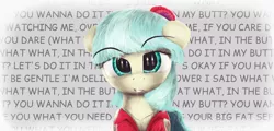 Size: 1220x584 | Tagged: suggestive, artist:vultraz, derpibooru import, coco pommel, earth pony, pony, bedroom eyes, coco is an anal slut, female, looking at you, mare, obscured text, samwell, smiling, solo, solo female, what what in the butt