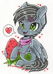 Size: 600x836 | Tagged: safe, artist:auroracursed, derpibooru import, oc, oc:dante fly, hybrid, pony, vampire, food, half bat pony, heart, pictogram, solo, strawberry, text, traditional art