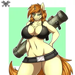 Size: 3000x3000 | Tagged: suggestive, artist:metalfoxxx, derpibooru import, oc, oc:high impact, unofficial characters only, anthro, unicorn, absolute cleavage, anthro oc, belly button, belt, big breasts, bikini, bottomless, breasts, carl gustav m3 maaws, cleavage, clothes, commission, female, mare, partial nudity, rocket launcher, solo, solo female, swimsuit, weapon