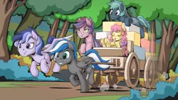 Size: 2560x1440 | Tagged: safe, artist:mysticalpha, derpibooru import, oc, oc:cloud zapper, oc:star catcher, oc:storm surge, oc:topstitch, unofficial characters only, bat pony, pegasus, pony, bat pony oc, bat wings, cart, female, forest, male, mare, stallion, tree, tree branch, wings