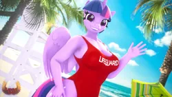 Size: 3840x2160 | Tagged: 3d, alicorn, anthro, artist:loveslove, baywatch, beach, breasts, busty twilight sparkle, clothes, derpibooru import, lifeguard, ocean, one-piece swimsuit, solo, source filmmaker, suggestive, swimsuit, twilight sparkle, twilight sparkle (alicorn)