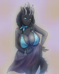 Size: 2820x3500 | Tagged: anthro, anthro oc, artist:krosh, big breasts, breasts, changeling, changeling oc, clothes, commission, derpibooru import, female, horns, looking at you, oc, oc:visage, sarong, skimpy outfit, solo, solo female, suggestive, tail, ych result