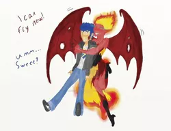 Size: 1024x788 | Tagged: safe, artist:cirusthecitrus, derpibooru import, flash sentry, sunset shimmer, equestria girls, blushing, demon wings, female, flashimmer, hug, male, shipping, smiling, straight, sunset satan, wings