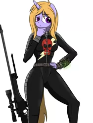 Size: 1536x2048 | Tagged: suggestive, artist:vadytwy, derpibooru import, oc, oc:nigthrise, unofficial characters only, anthro, unicorn, fallout equestria, awp, breasts, clothes, fanfic art, female, gun, horn, mercenary, military, optical sight, overalls, pipboy, rifle, sniper rifle, solo, thinking, unicorn oc, weapon