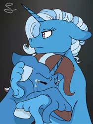 Size: 768x1024 | Tagged: safe, artist:slushpuppies1483, derpibooru import, trixie, oc, oc:illusion, pony, unicorn, crying, hug, offspring, parent:doctor whooves, parent:trixie, sad, unshorn fetlocks