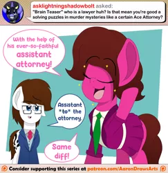 Size: 1280x1318 | Tagged: safe, artist:aarondrawsarts, derpibooru import, oc, oc:brain teaser, oc:rose bloom, earth pony, ace attorney, ask, ask brain teaser, brainbloom, clothes, female, glasses, lawyer, male, oc x oc, reference, shipping, skirt, straight, suit, the office, tumblr