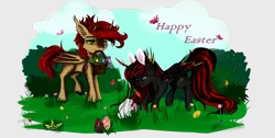 Size: 2024x1024 | Tagged: safe, artist:martazap3, derpibooru import, oc, oc:dragonpony, oc:fironyx, oc:skarlett, alicorn, pegasus, pony, basket, easter, easter basket, easter bunny, easter egg, holiday, horn, wings