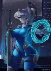 Size: 2500x3500 | Tagged: safe, artist:redwix, derpibooru import, oc, oc:scotia, anthro, earth pony, engineer, female, skintight clothes, solo, space, spacesuit, sword, weapon