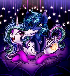 Size: 2360x2530 | Tagged: safe, artist:mite-lime, derpibooru import, princess celestia, princess luna, alicorn, pony, biting, clothes, crescent moon, cute, cutelestia, duo, ear bite, ear fluff, female, high res, long socks, lunabetes, mare, moon, one eye closed, open mouth, pillow, prone, rough housing, royal sisters, s1 luna, siblings, sisterly love, sisters, socks, stars