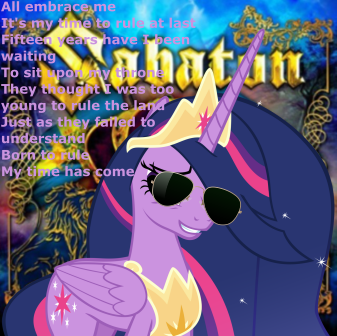 Size: 337x336 | Tagged: safe, artist:zocidem, derpibooru import, twilight sparkle, twilight sparkle (alicorn), alicorn, pony, the last problem, crossover, sabaton, solo, sunglasses, text