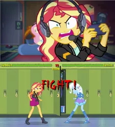 Size: 747x826 | Tagged: safe, artist:mlpfan3991, derpibooru import, edit, edited edit, edited screencap, screencap, fluttershy, sunset shimmer, trixie, equestria girls, equestria girls series, canterlot high, fighter, locker, meme, mortal kombat, sunset shimmer frustrated at game, sunset's apartment, versus, video game