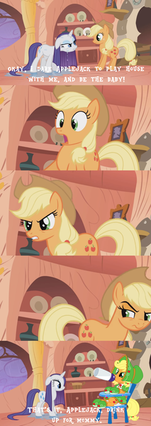 Size: 888x2500 | Tagged: abdl, alternate scene, applejack, artist:evilfrenzy, baby bottle, bonnet, booties, bottle feeding, clothes, comic, derpibooru import, diaper, dress, edit, edited screencap, feeding, golden oaks library, highchair, look before you sleep, rarity, safe, screencap, screencap comic