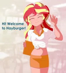 Size: 6060x6662 | Tagged: safe, artist:vidorii, derpibooru import, sunset shimmer, human, equestria girls, burger, clothes, food, front knot midriff, hay burger, human coloration, midriff, skirt, smiling, solo, text