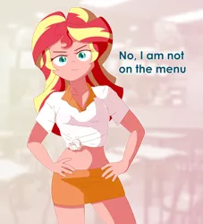 Size: 6060x6662 | Tagged: safe, artist:vidorii, derpibooru import, sunset shimmer, human, equestria girls, burger, clothes, food, front knot midriff, hands on hip, hay burger, looking at you, midriff, skirt, smiling, solo, text