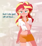 Size: 6060x6662 | Tagged: suggestive, artist:vidorii, derpibooru import, sunset shimmer, human, equestria girls, bedroom eyes, blushing, breasts, burger, clothes, food, front knot midriff, hay burger, lidded eyes, looking at you, midriff, skirt, smiling, solo, text