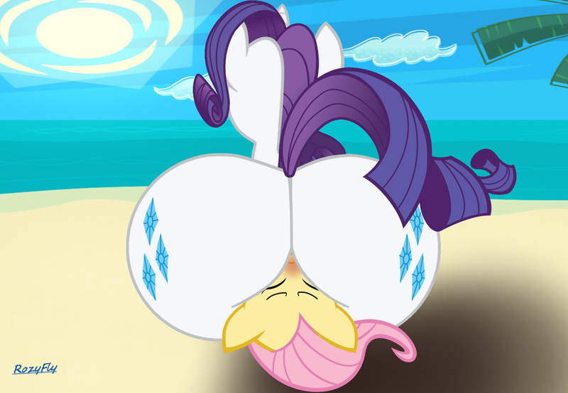 Size: 1487x1029 | Tagged: suggestive, artist:rozyfly10, derpibooru import, fluttershy, rarity, pegasus, unicorn, ass, beach, blushing, butt, butt crush, faceful of ass, facesitting, female, femdom, flarity, flutterseat, huge butt, large butt, lesbian, lucky girl, plot, prize on the eyes, raridom, raritys personal seat fluttershy, rearity, shadow, shipping, signature, sitting, sitting on, sitting on person, sitting on pony, squishy, the ass was fat, these aren't my glasses