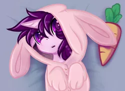 Size: 1536x1122 | Tagged: safe, artist:jas pointed, derpibooru import, editor:xbi, oc, oc:lapush buns, unofficial characters only, bunnycorn, pony, unicorn, animal costume, bed, bunny costume, bunny ears, carrot, clothes, commission, costume, food, from above, looking at you, on back, solo, ych result
