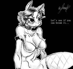 Size: 1185x1121 | Tagged: anthro, artist:pantheracantus, bedroom eyes, black background, bra, breasts, choker, clothes, derpibooru import, ear piercing, earring, female, fishnets, jewelry, monochrome, oc, oc:ruituri nox, piercing, sexy, short hair, simple background, suggestive, underwear, unofficial characters only