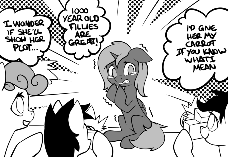 Size: 1446x1000 | Tagged: safe, anonymous artist, artist:anonymous, derpibooru import, princess luna, ponified, alicorn, pony, /mlp/, 4chan, camera, dialogue, drawthread, female, filly, filly luna, implied foalcon, innuendo, manga, monochrome, nervous, paparazzi, sitting, speech bubble, younger