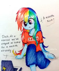 Size: 2248x2720 | Tagged: safe, artist:liaaqila, derpibooru import, rainbow dash, equestria girls, barefoot, computer, coronavirus, covid-19, feet, laptop computer, quarantine, self-isolation