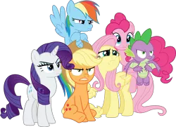 Size: 7420x5370 | Tagged: safe, artist:steyrrdash, derpibooru import, applejack, fluttershy, pinkie pie, rainbow dash, rarity, spike, dragon, earth pony, pegasus, pony, unicorn, the ending of the end, absurd resolution, angry, crying, pouting, simple background, teary eyes, transparent background, vector, winged spike