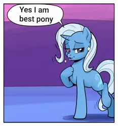 Size: 614x658 | Tagged: safe, artist:pencils, derpibooru import, edit, editor:i-shooped-a-pwny, trixie, pony, unicorn, comic:marble mare manquee, best pony, chest fluff, dialogue, duckface, exploitable, exploitable meme, exploitable trixie, female, hoof on chest, lidded eyes, lies, mare, meme, open mouth, raised leg, smug, speech bubble, three quarter view