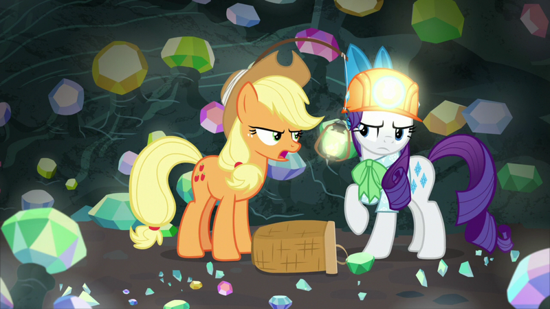 Size: 1920x1080 | Tagged: safe, derpibooru import, screencap, applejack, rarity, earth pony, pony, unicorn, dragon dropped, annoyed, basket, cave, clothes, duo, female, gem, gem cave, hard hat, headlamp, helmet, lantern, mare, mining helmet