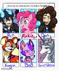 Size: 1715x2048 | Tagged: safe, artist:thebubblysheep, derpibooru import, anthro, earth pony, human, pony, unicorn, six fanarts, animal crossing, anthro with ponies, balloon, blue exorcist, bob, bust, chest fluff, clothes, crossover, dan avidan, dress, female, male, mare, neopets, rin okumura, smiling, the last unicorn, waving