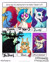 Size: 500x632 | Tagged: safe, artist:meadowmood, deleted from derpibooru, derpibooru import, moondancer, rarity, vinyl scratch, pony, unicorn, six fanarts, alternate design, crossover, drawn to life, glasses, image, jowee, jpeg, over the garden wall, sylvia, the beast, twitterina design, wander over yonder