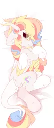 Size: 820x1920 | Tagged: safe, artist:little-sketches, derpibooru import, oc, oc:rainbow dreams, pegasus, pony, blushing, body pillow, body pillow design, butt fluff, chest fluff, commission, ear fluff, eye clipping through hair, horn, leonine tail, looking at you, two toned wings, wings, ych result