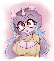 Size: 2183x2495 | Tagged: safe, artist:fullmetalpikmin, derpibooru import, oc, oc:love scene, anthro, breasts, cleavage, cleavage window, clothes, female, lipstick, milf, open-chest sweater, sweater, wingding eyes