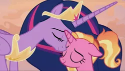 Size: 1639x938 | Tagged: alicorn, cropped, crown, cute, derpibooru import, duo, eyes closed, floppy ears, jewelry, luster dawn, mama twilight, nuzzling, older, older twilight, peytral, princess twilight 2.0, regalia, safe, screencap, smiling, the last problem, twilight sparkle, twilight sparkle (alicorn)