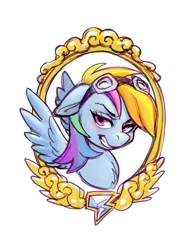 Size: 1200x1600 | Tagged: safe, artist:noupie, derpibooru import, rainbow dash, pegasus, pony, bust, chest fluff, female, goggles, goggles on head, grin, image, mare, png, portrait, simple background, smiling, transparent background