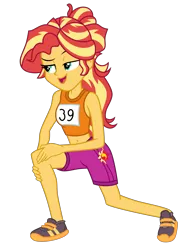 Size: 6000x8000 | Tagged: safe, artist:emeraldblast63, derpibooru import, idw, sunset shimmer, equestria girls, spoiler:comicequestriagirlsmarchradness, 2020, 2020s, clothes, exercise, raised eyebrow, scene interpretation, sexy, shoes, shorts, show accurate, simple background, sneakers, sports shorts, sporty style, tanktop, tomboy, transparent background, turquoise eyes, vector, yellow skin