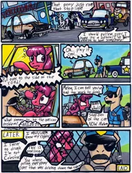 Size: 1024x1342 | Tagged: safe, artist:sketchywolf-13, derpibooru import, berry punch, berryshine, rarity, oc, earth pony, pony, unicorn, amc, amc pacer, angry, burp, car, caught, clothes, comic, driving, drunk, drunk driving, duel, female, male, mare, police car, speech bubble, stallion, text, traditional art, truck