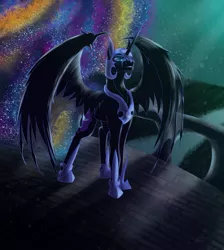Size: 1600x1789 | Tagged: alicorn, armor, artist:artfulaccidents, derpibooru import, ethereal mane, female, galaxy mane, glowing eyes, helmet, hoof shoes, hybrid wings, looking at you, mare, nebula mane, nightmare moon, redesign, safe, solo, wings